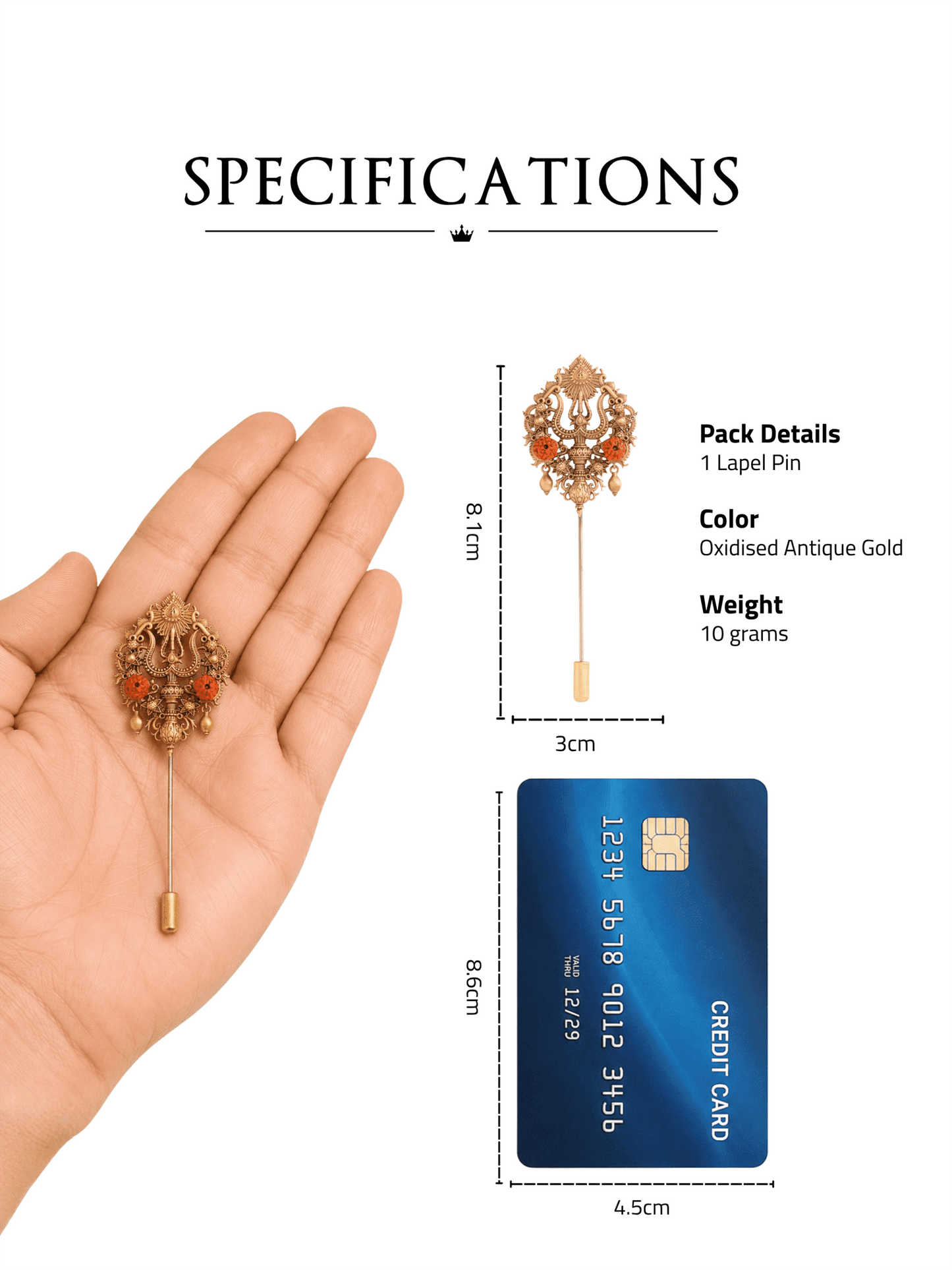 Rudraksha Trishul Antique Gold Lapel Pin for Men