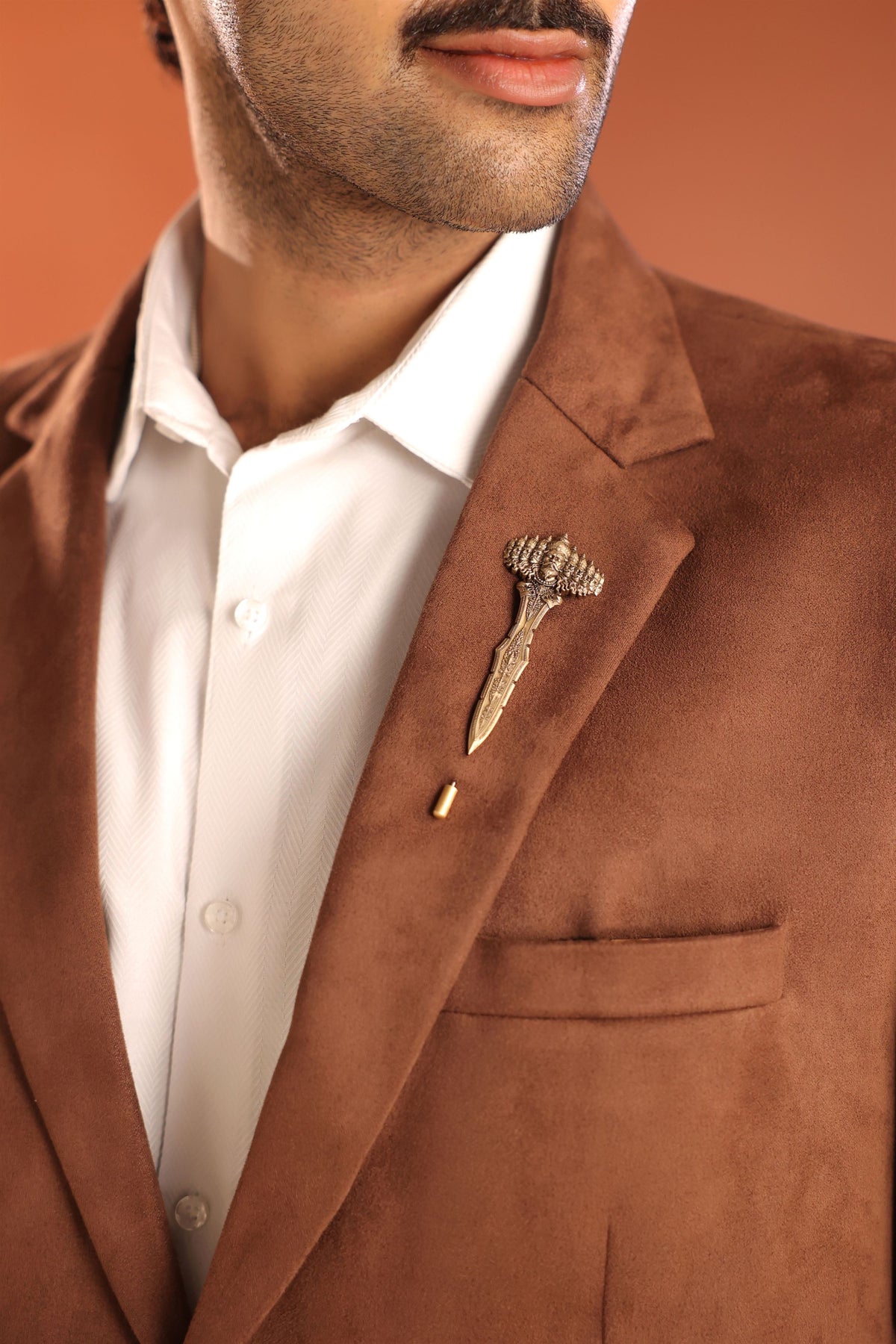 Ravan Shastra lapel pin - antique gold pin for men with ravan shastra motif, back view