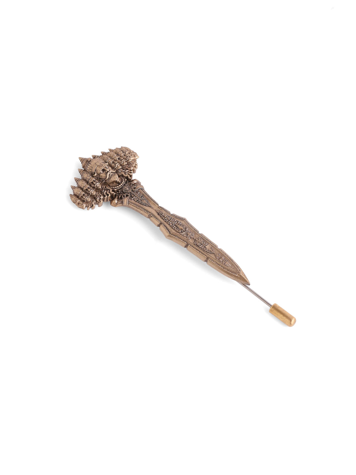 Ravan Shastra lapel pin - antique gold pin for men with ravan shastra motif, detail view