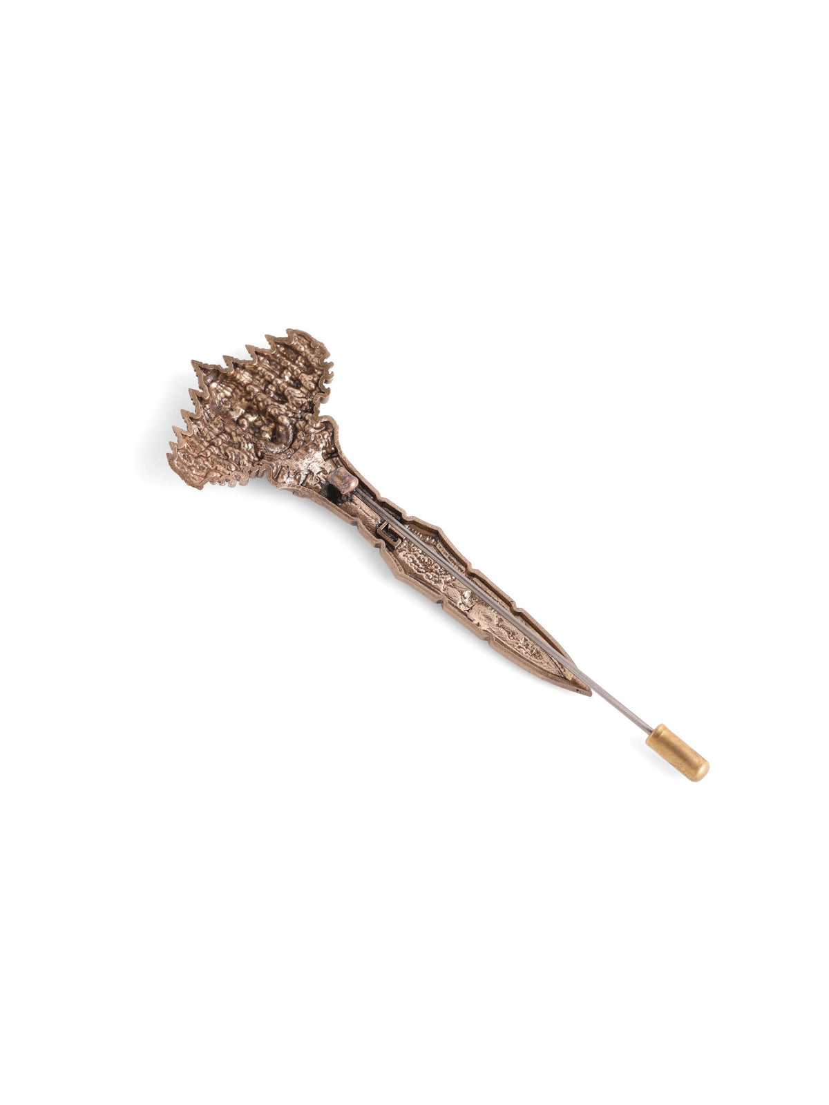 Ravan Shastra lapel pin - antique gold pin for men with ravan shastra motif, close-up view